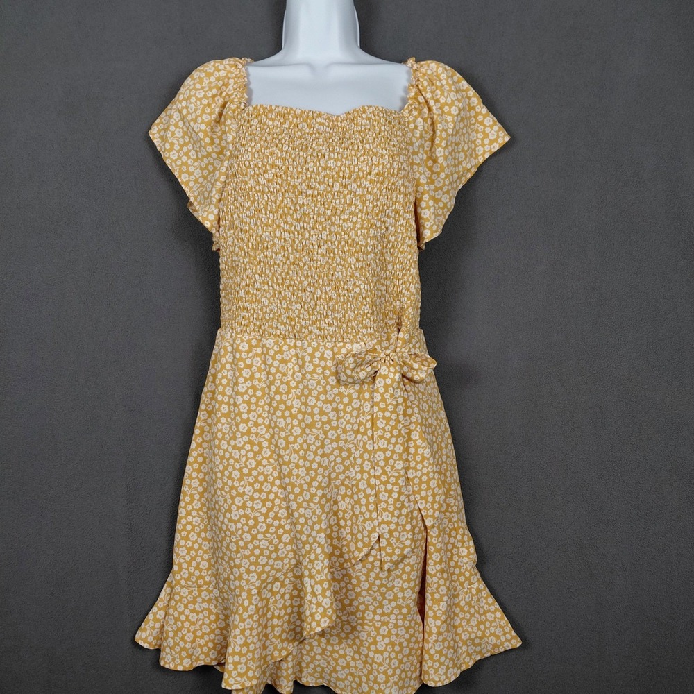 NWT Mustard Yellow Floral Smocked Mini Dress Flutter Sleeve Faux Wrap Ruffle Hem